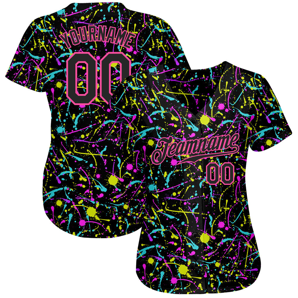 Custom Graffiti Pattern Black-Pink 3D Neon Splatter Authentic Baseball Jersey - Sky-Custom