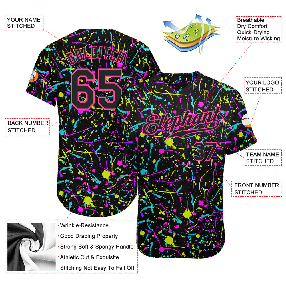 Custom Graffiti Pattern Black-Pink 3D Neon Splatter Authentic Baseball Jersey - Sky-Custom