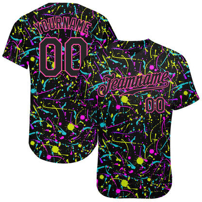 Custom Graffiti Pattern Black-Pink 3D Neon Splatter Authentic Baseball Jersey - Sky-Custom
