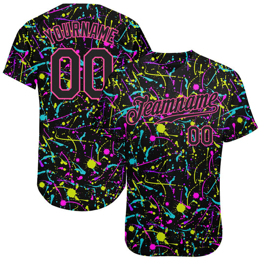 Custom Graffiti Pattern Black-Pink 3D Neon Splatter Authentic Baseball Jersey - Sky-Custom