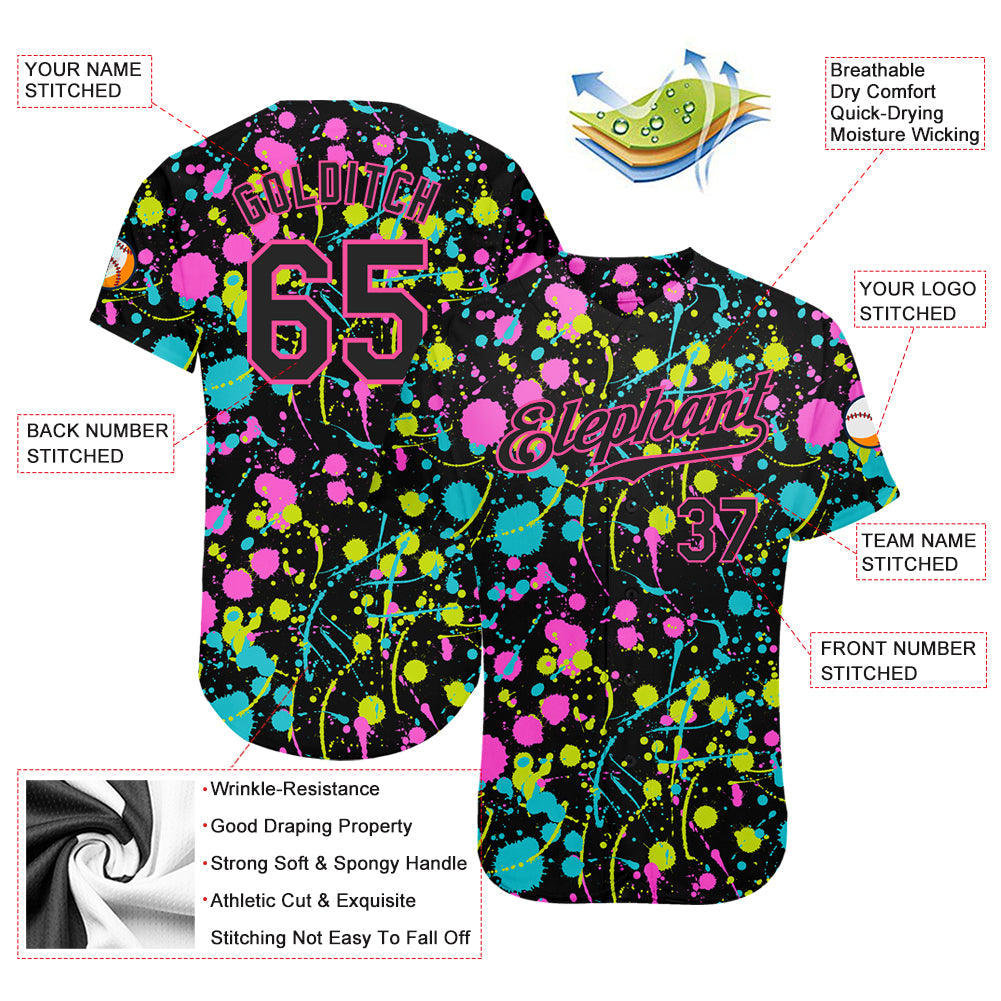 Custom Graffiti Pattern Black-Pink 3D Neon Splatter Authentic Baseball Jersey - Sky-Custom