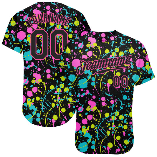 Custom Graffiti Pattern Black-Pink 3D Neon Splatter Authentic Baseball Jersey - Sky-Custom
