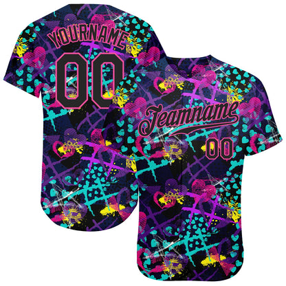 Custom Graffiti Pattern Black-Pink 3D Creative Hearts Stars Geometric Figures Authentic Baseball Jersey - Sky-Custom