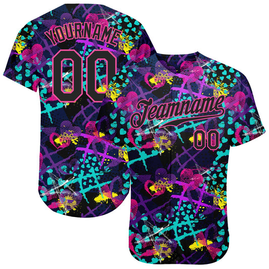 Custom Graffiti Pattern Black-Pink 3D Creative Hearts Stars Geometric Figures Authentic Baseball Jersey - Sky-Custom