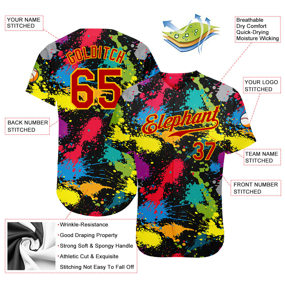 Custom Graffiti Pattern Red-Gold 3D Colorful Splattered Messy Art Ink Paintbrush Drawing Authentic Baseball Jersey - Sky-Custom