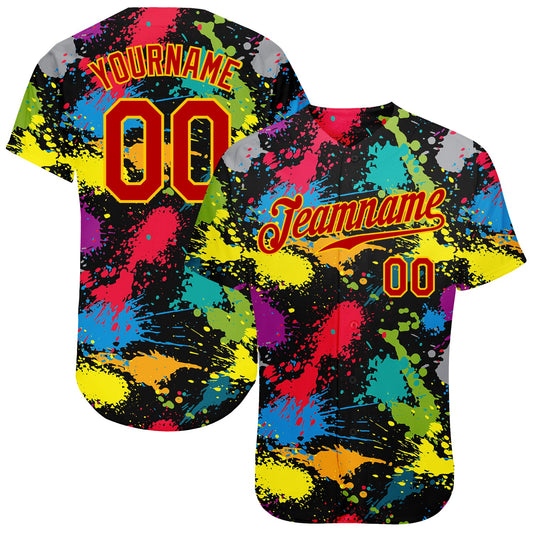 Custom Graffiti Pattern Red-Gold 3D Colorful Splattered Messy Art Ink Paintbrush Drawing Authentic Baseball Jersey - Sky-Custom