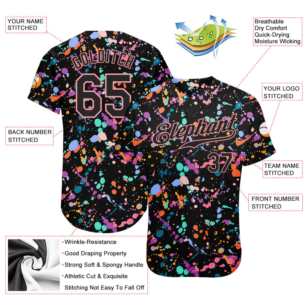 Custom Graffiti Pattern Black-Medium Pink 3D Expressive Splatter Authentic Baseball Jersey - Sky-Custom