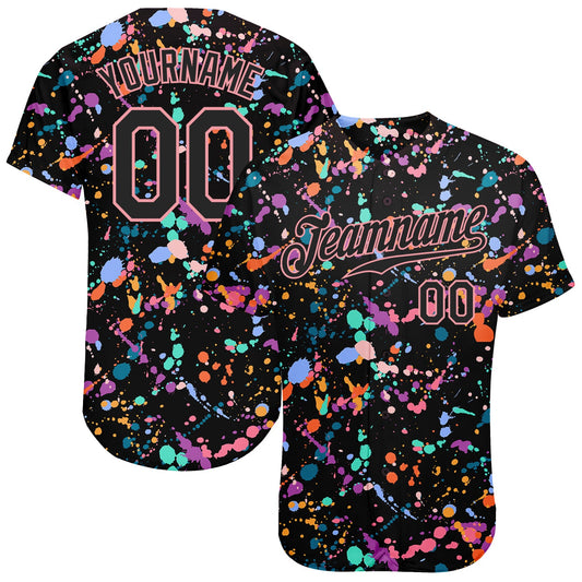 Custom Graffiti Pattern Black-Medium Pink 3D Expressive Splatter Authentic Baseball Jersey - Sky-Custom