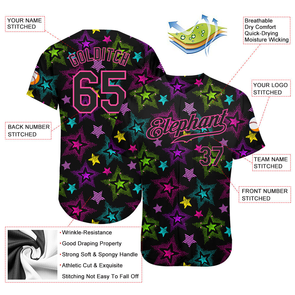 Custom Graffiti Pattern Black-Pink 3D Creative Colorful Stars Authentic Baseball Jersey - Sky-Custom