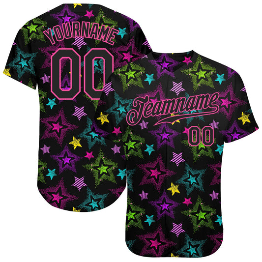 Custom Graffiti Pattern Black-Pink 3D Creative Colorful Stars Authentic Baseball Jersey - Sky-Custom
