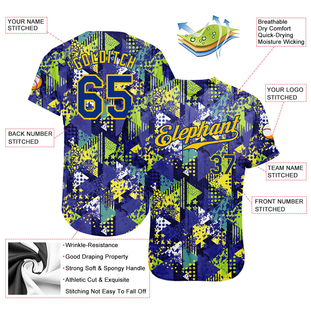 Custom Graffiti Pattern Royal-Gold 3D Creative Geometric Figures Triangle And Dots Authentic Baseball Jersey - Sky-Custom