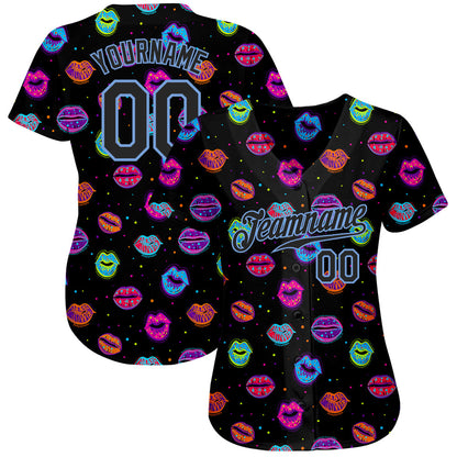 Custom Graffiti Pattern Black-Light Blue 3D Dots And Kiss Lips Authentic Baseball Jersey - Sky-Custom