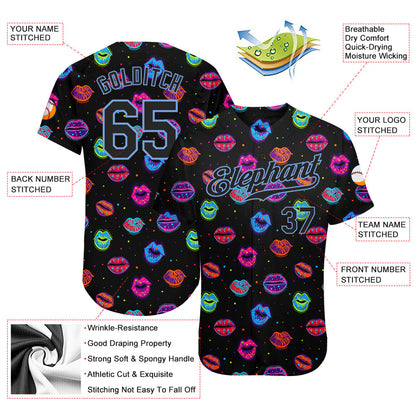 Custom Graffiti Pattern Black-Light Blue 3D Dots And Kiss Lips Authentic Baseball Jersey - Sky-Custom