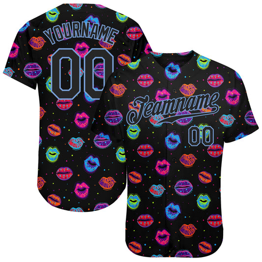 Custom Graffiti Pattern Black-Light Blue 3D Dots And Kiss Lips Authentic Baseball Jersey - Sky-Custom