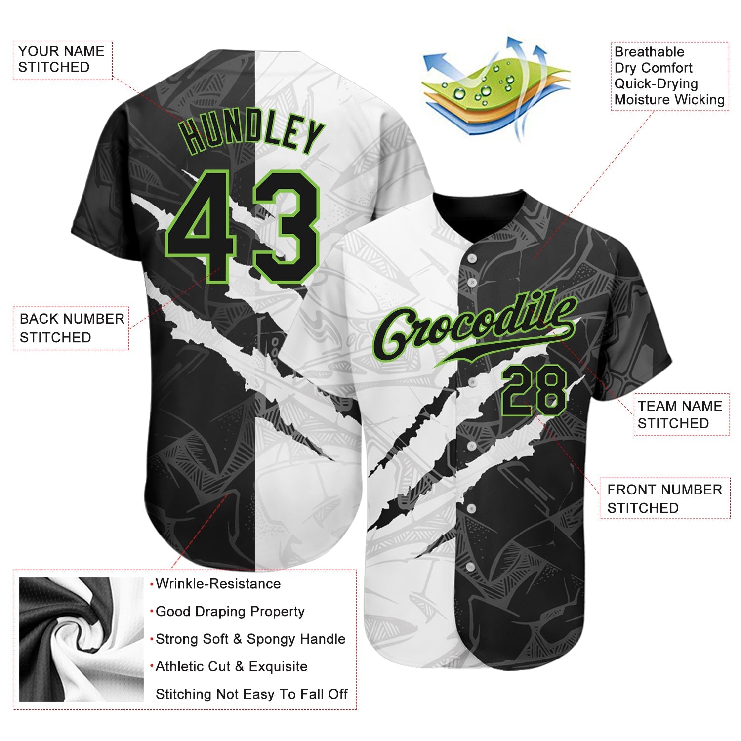 Custom Graffiti Pattern Black-Neon Green 3D Scratch Authentic Baseball Jersey - Sky-Custom