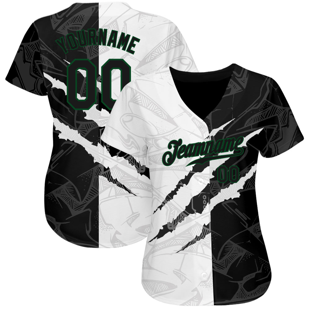 Custom Graffiti Pattern Black-Kelly Green 3D Scratch Authentic Baseball Jersey - Sky-Custom