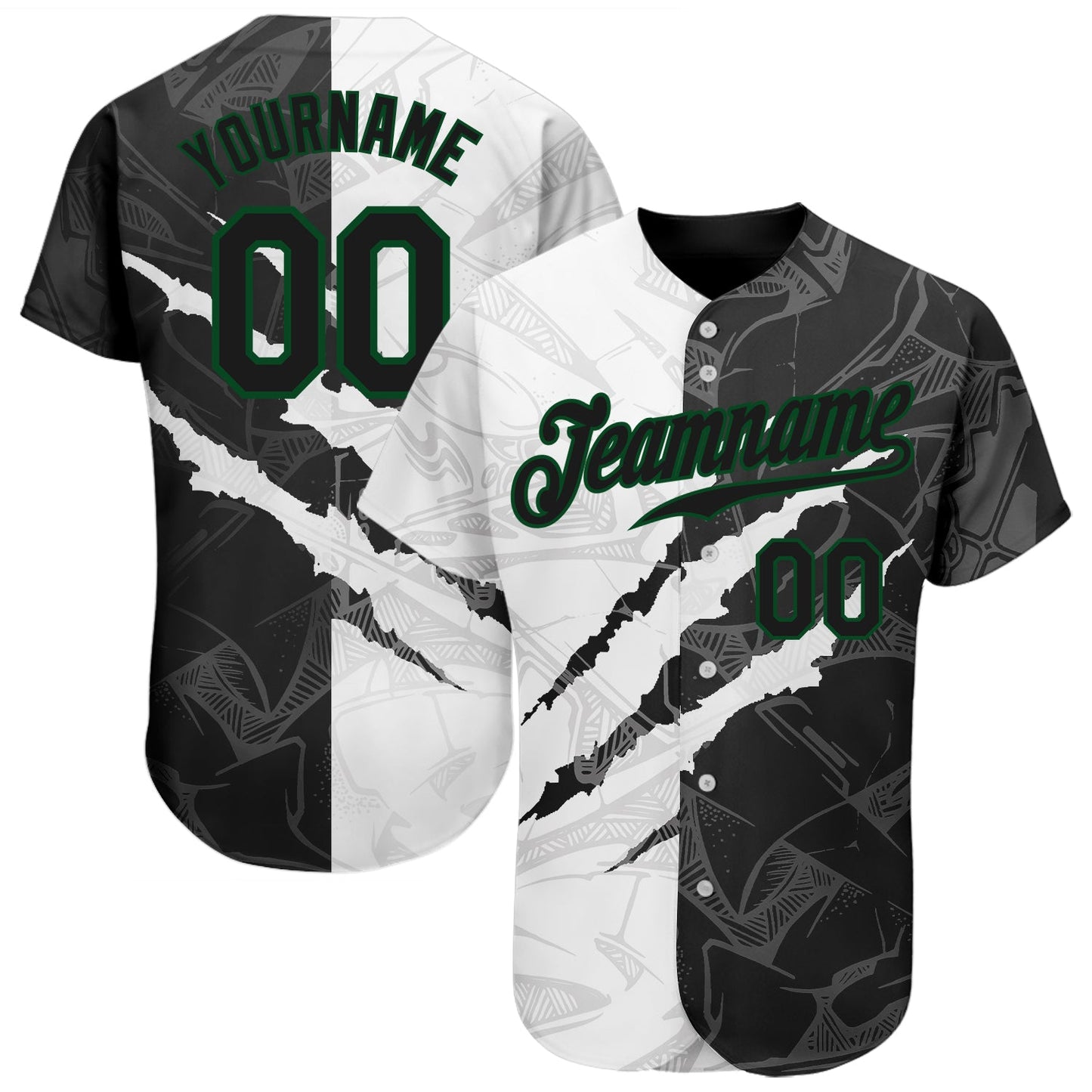 Custom Graffiti Pattern Black-Kelly Green 3D Scratch Authentic Baseball Jersey - Sky-Custom