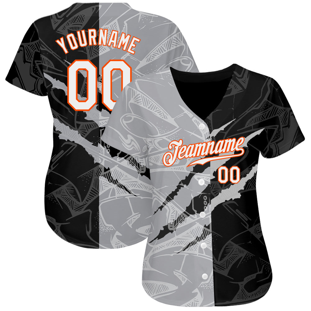 Custom Graffiti Pattern White Gray-Orange 3D Scratch Authentic Baseball Jersey - Sky-Custom