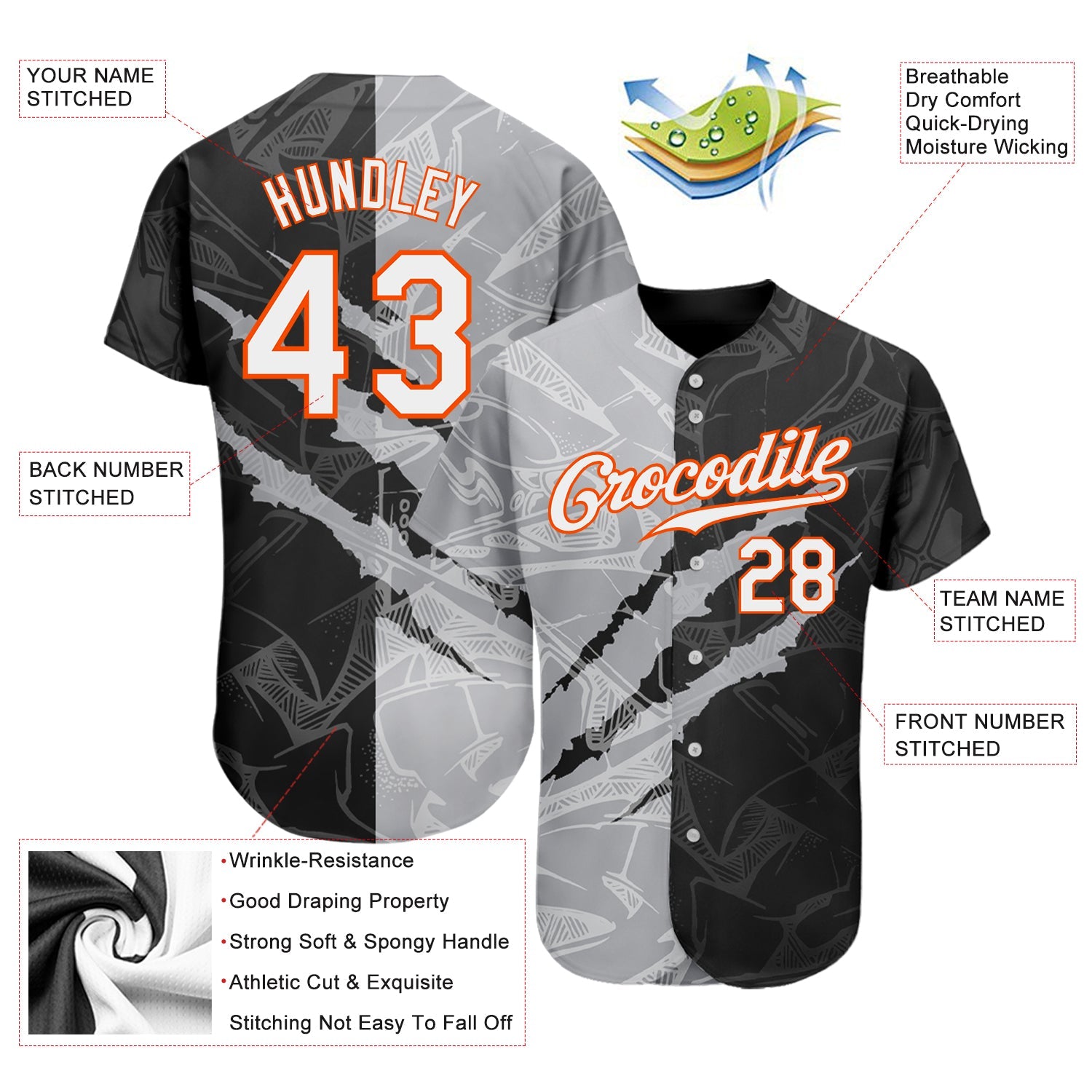 Custom Graffiti Pattern White Gray-Orange 3D Scratch Authentic Baseball Jersey - Sky-Custom