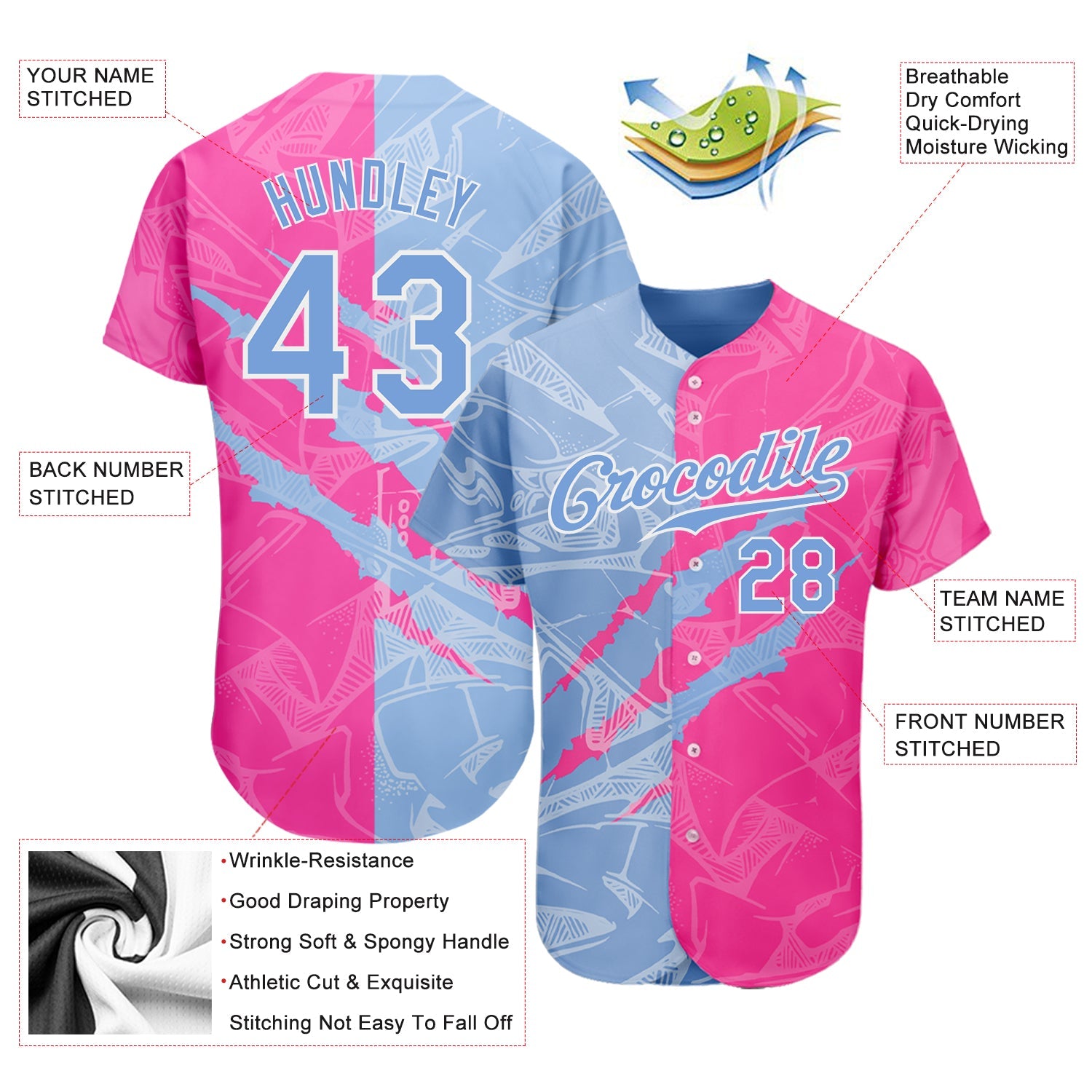Custom Graffiti Pattern Light Blue-Pink 3D Scratch Authentic Baseball Jersey - Sky-Custom