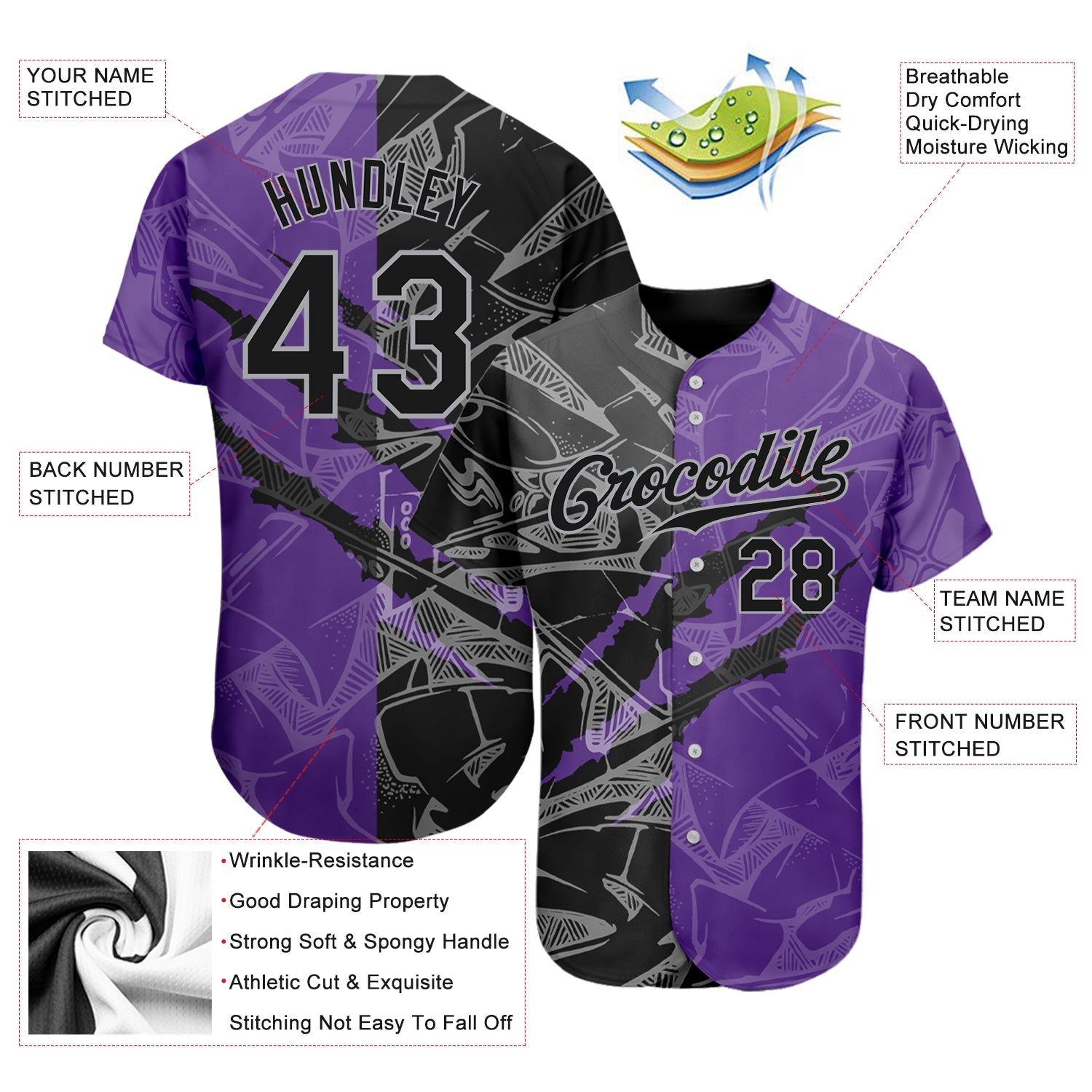 Custom Graffiti Pattern Black Purple-Gray 3D Scratch Authentic Baseball Jersey - Sky-Custom