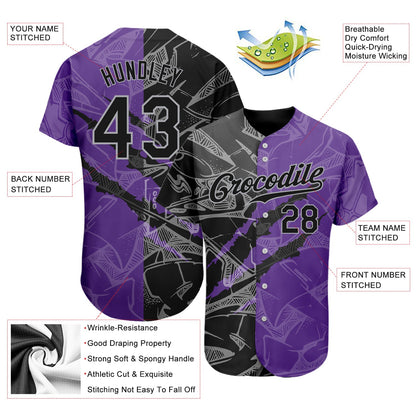Custom Graffiti Pattern Black Purple-Gray 3D Scratch Authentic Baseball Jersey - Sky-Custom