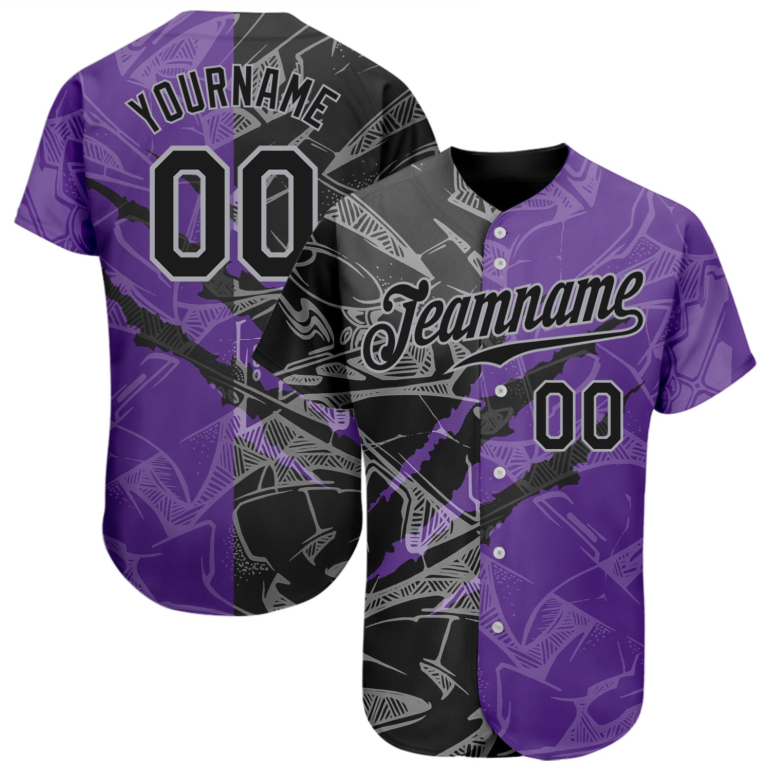 Custom Graffiti Pattern Black Purple-Gray 3D Scratch Authentic Baseball Jersey - Sky-Custom