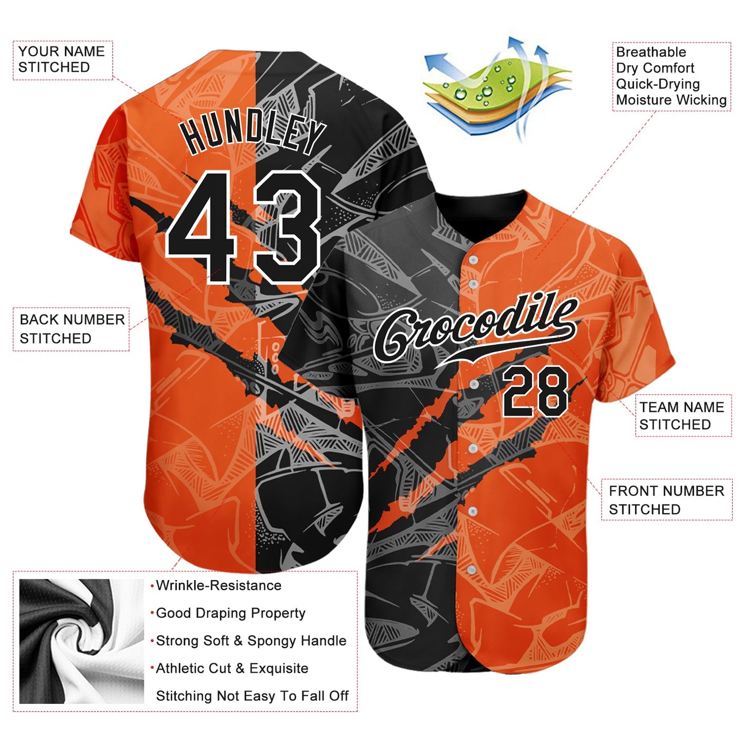 Custom Graffiti Pattern Black-Orange 3D Scratch Authentic Baseball Jersey - Sky-Custom