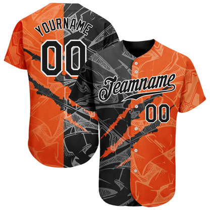 Custom Graffiti Pattern Black-Orange 3D Scratch Authentic Baseball Jersey - Sky-Custom