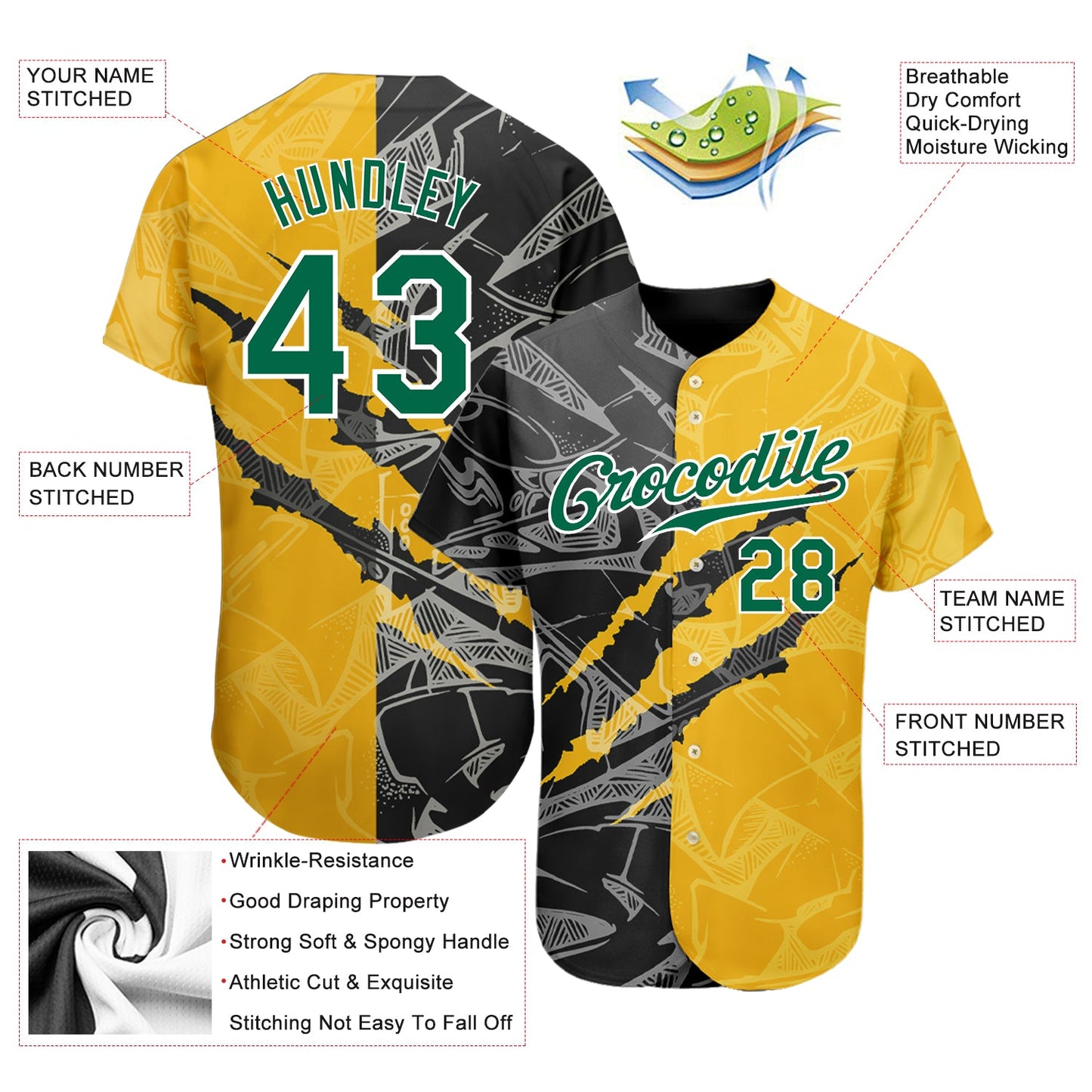 Custom Graffiti Pattern Kelly Green Yellow-Black 3D Scratch Authentic Baseball Jersey - Sky-Custom