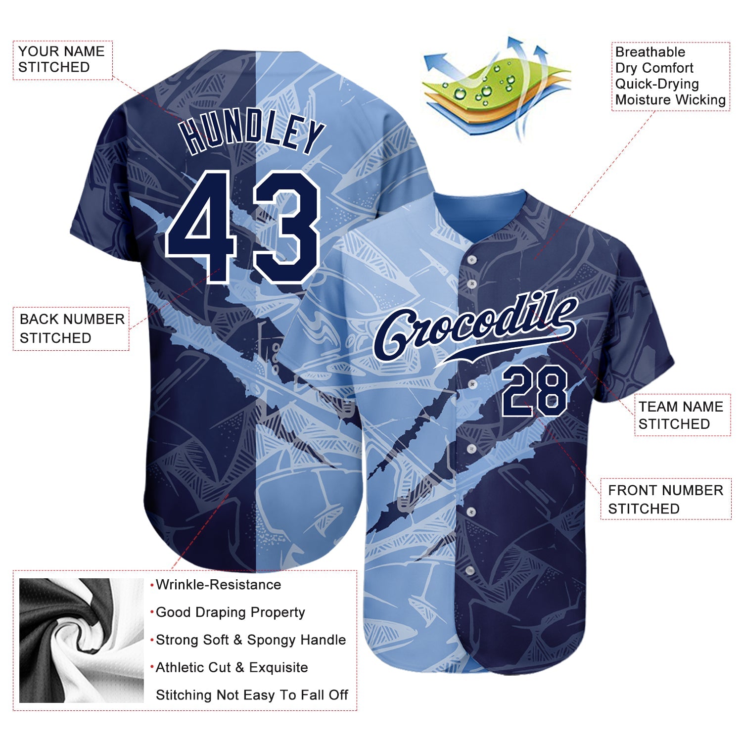 Custom Graffiti Pattern Navy-Light Blue 3D Scratch Authentic Baseball Jersey - Sky-Custom