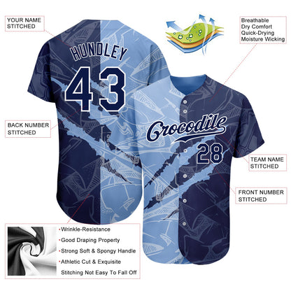 Custom Graffiti Pattern Navy-Light Blue 3D Scratch Authentic Baseball Jersey - Sky-Custom