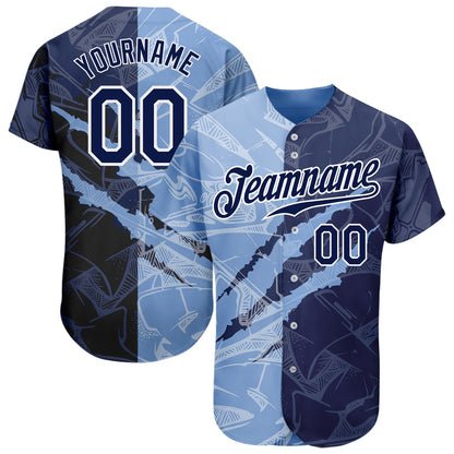 Custom Graffiti Pattern Navy-Light Blue 3D Scratch Authentic Baseball Jersey - Sky-Custom