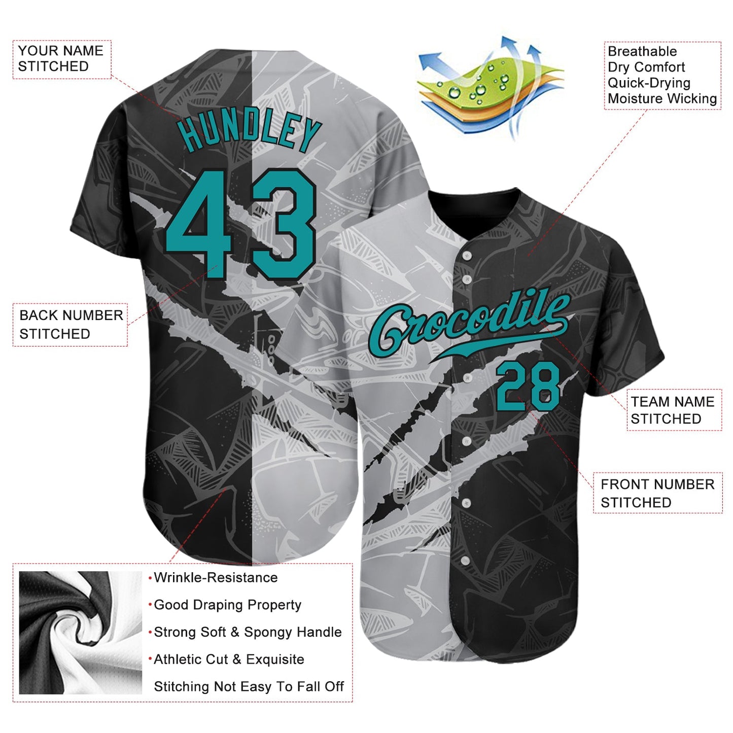 Custom Graffiti Pattern Teal Gray-Black 3D Scratch Authentic Baseball Jersey - Sky-Custom