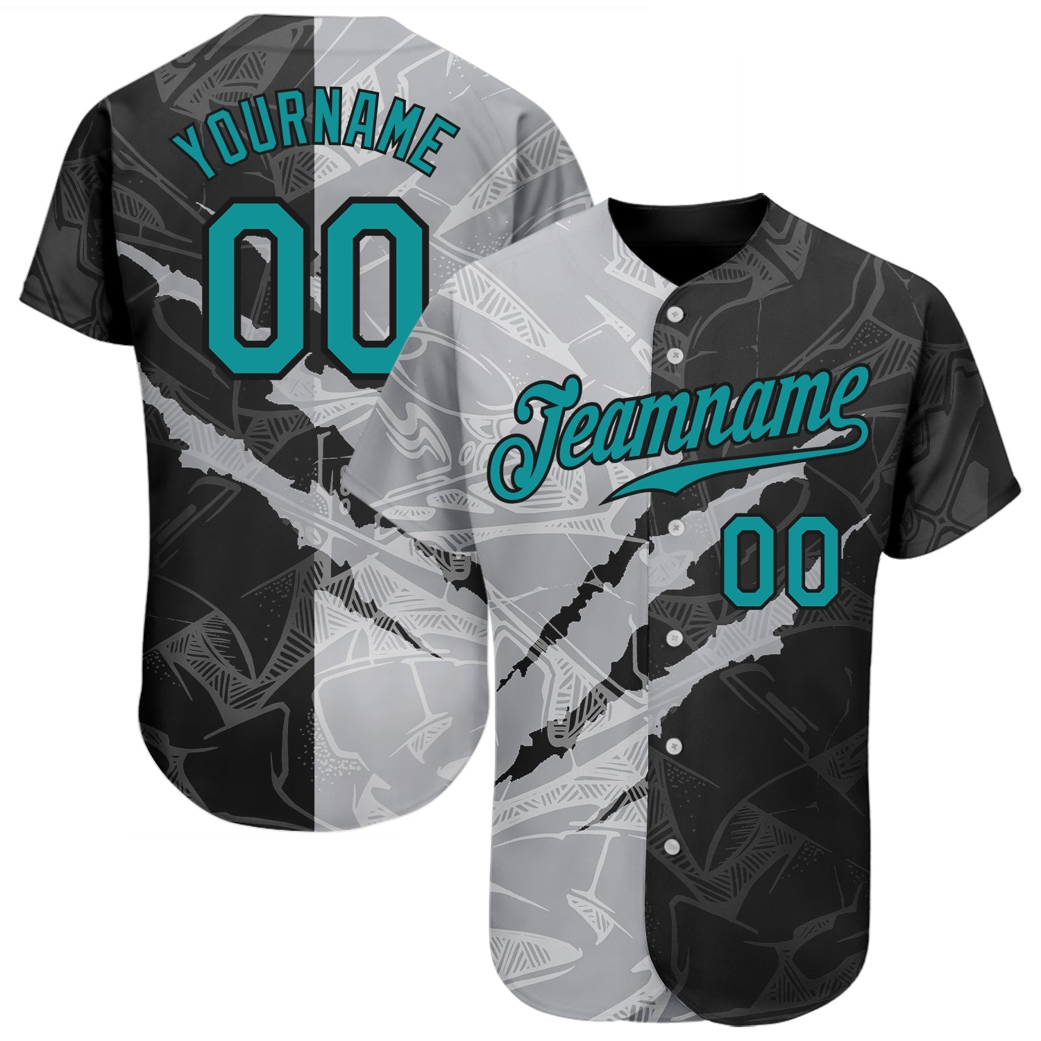 Custom Graffiti Pattern Teal Gray-Black 3D Scratch Authentic Baseball Jersey - Sky-Custom
