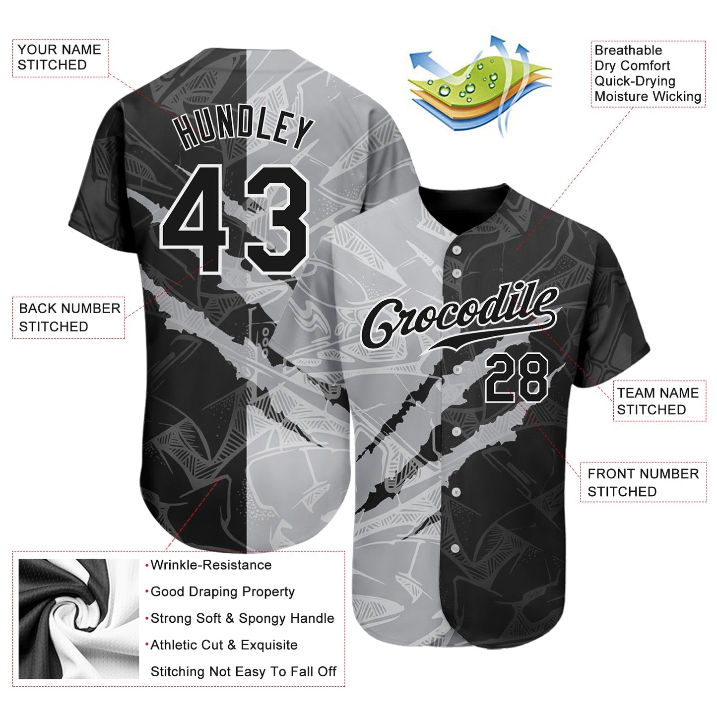 Custom Graffiti Pattern Black-Gray 3D Scratch Authentic Baseball Jersey - Sky-Custom