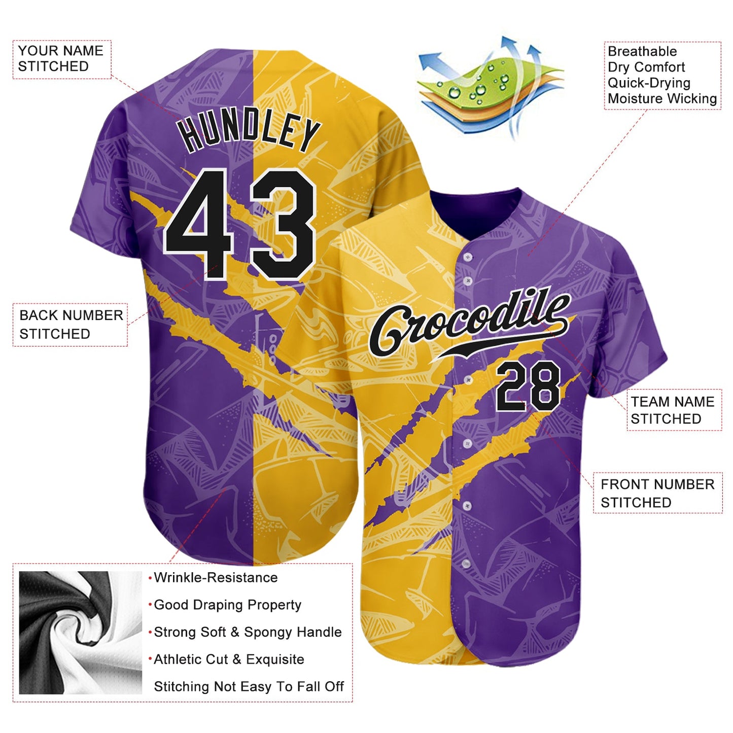 Custom Graffiti Pattern Black Yellow-Purple 3D Scratch Authentic Baseball Jersey - Sky-Custom