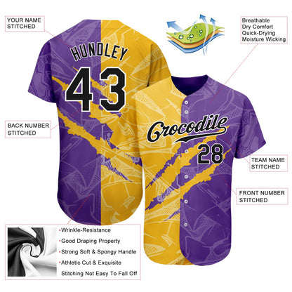 Custom Graffiti Pattern Black Yellow-Purple 3D Scratch Authentic Baseball Jersey - Sky-Custom