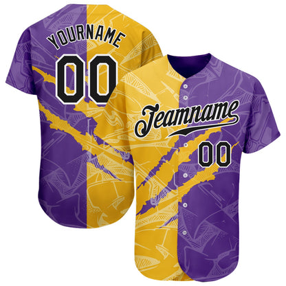 Custom Graffiti Pattern Black Yellow-Purple 3D Scratch Authentic Baseball Jersey - Sky-Custom