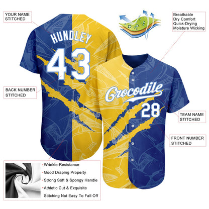 Custom Graffiti Pattern White Yellow Royal-Light Blue 3D Scratch Authentic Baseball Jersey - Sky-Custom