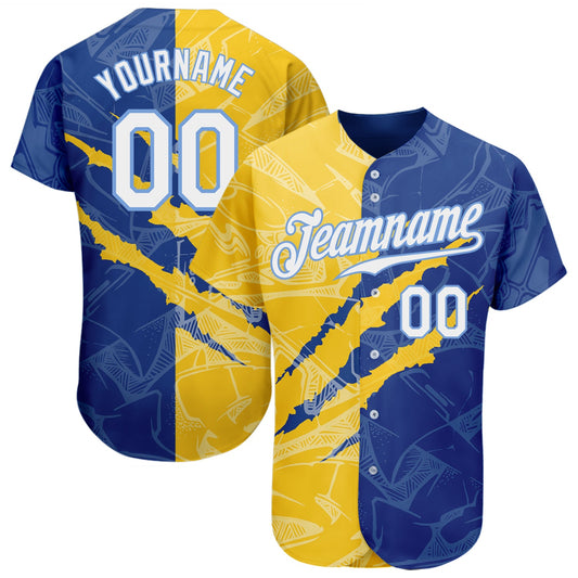 Custom Graffiti Pattern White Yellow Royal-Light Blue 3D Scratch Authentic Baseball Jersey - Sky-Custom