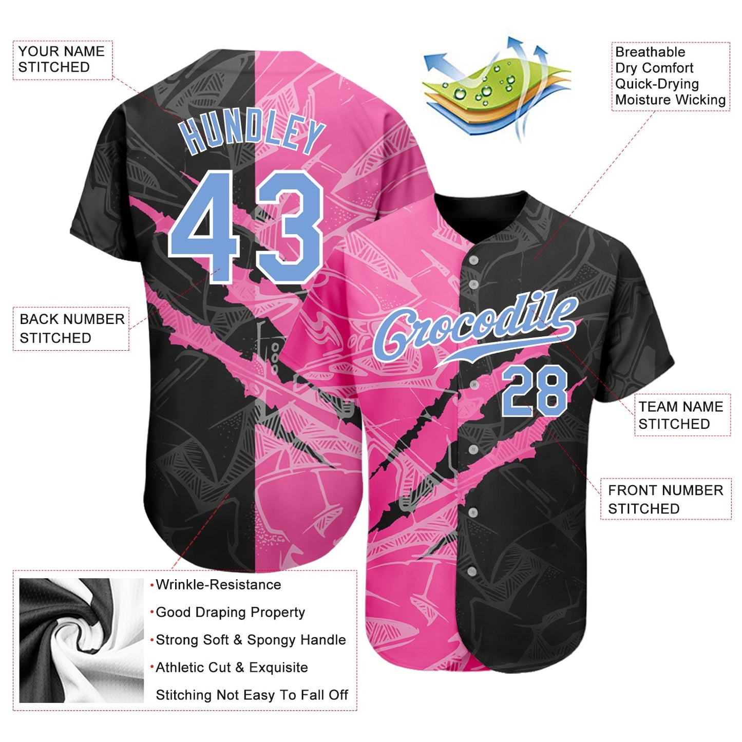 Custom Graffiti Pattern Light Blue Pink-Black 3D Scratch Authentic Baseball Jersey - Sky-Custom