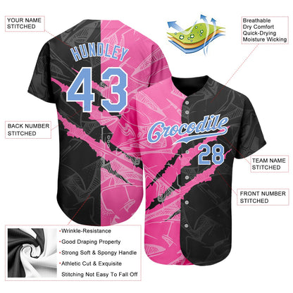 Custom Graffiti Pattern Light Blue Pink-Black 3D Scratch Authentic Baseball Jersey - Sky-Custom