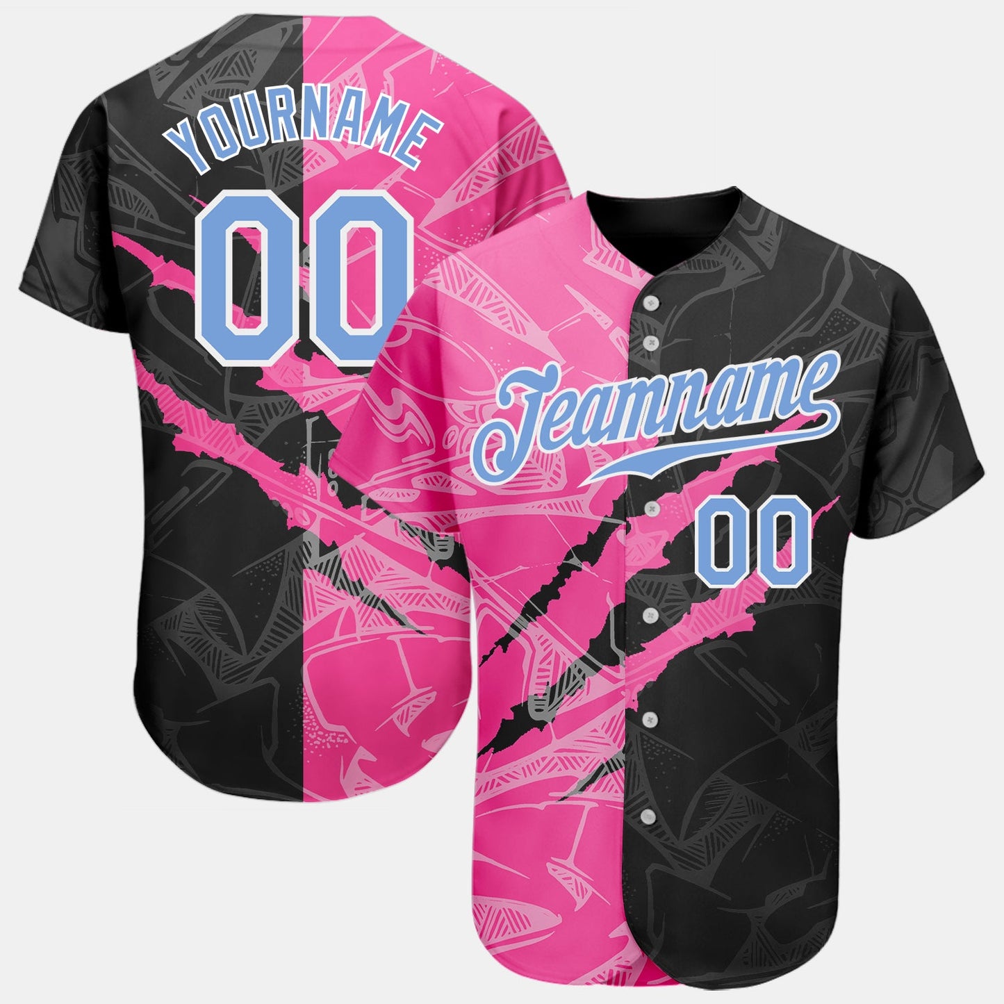 Custom Graffiti Pattern Light Blue Pink-Black 3D Scratch Authentic Baseball Jersey - Sky-Custom