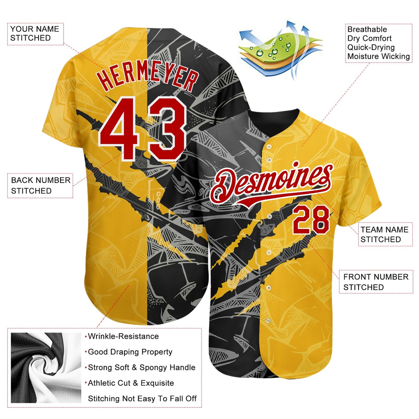 Custom Graffiti Pattern Red Yellow-Black 3D Scratch Authentic Baseball Jersey - Sky-Custom
