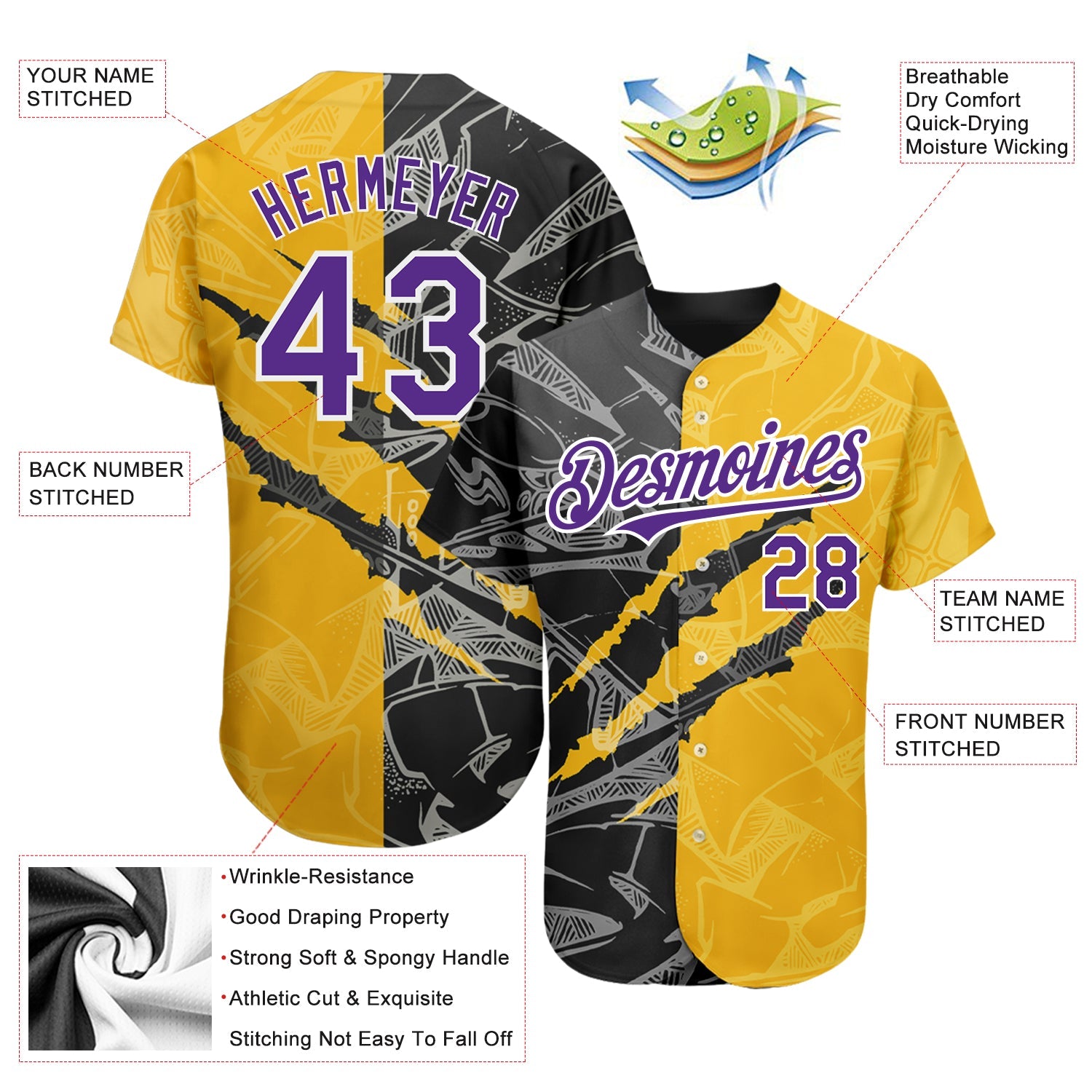 Custom Graffiti Pattern Purple Yellow-Black 3D Scratch Authentic Baseball Jersey - Sky-Custom