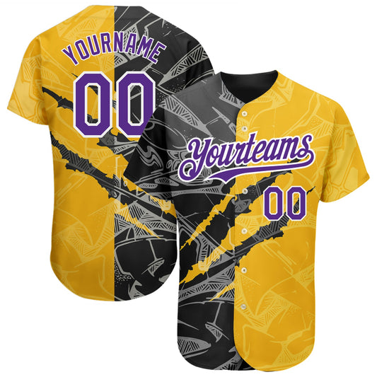Custom Graffiti Pattern Purple Yellow-Black 3D Scratch Authentic Baseball Jersey - Sky-Custom
