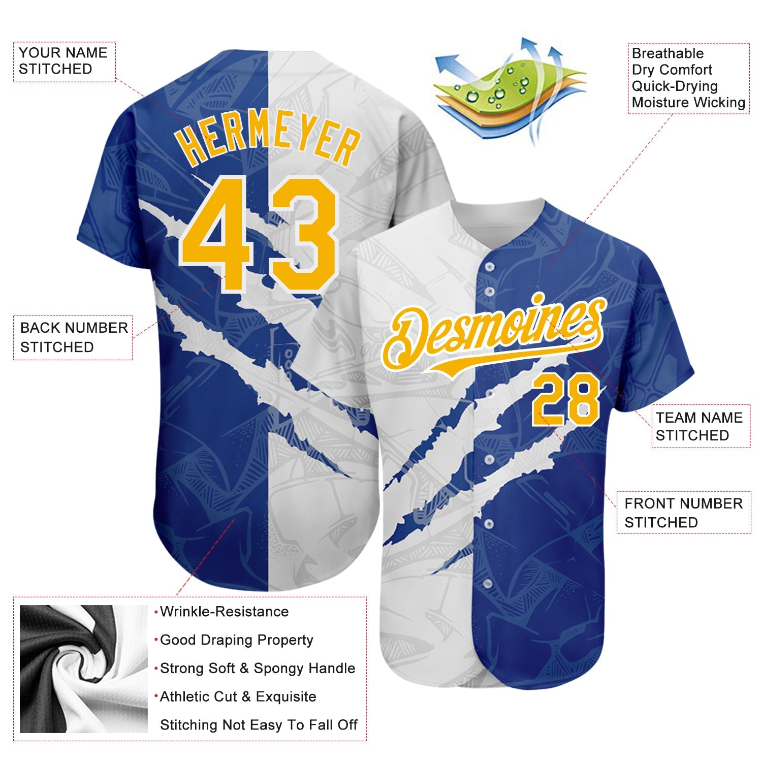 Custom Graffiti Pattern Yellow-Royal 3D Scratch Authentic Baseball Jersey - Sky-Custom