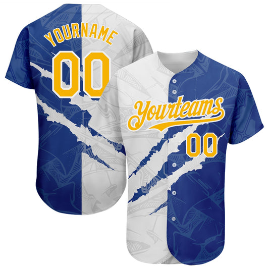 Custom Graffiti Pattern Yellow-Royal 3D Scratch Authentic Baseball Jersey - Sky-Custom