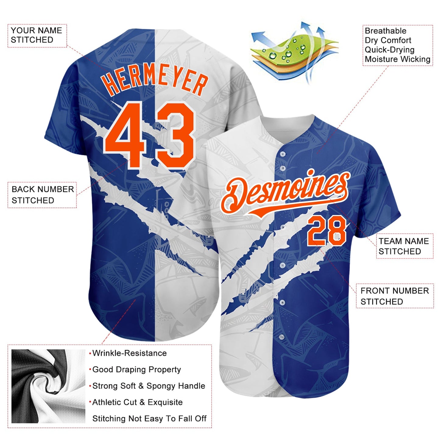 Custom Graffiti Pattern Orange-Royal 3D Scratch Authentic Baseball Jersey - Sky-Custom